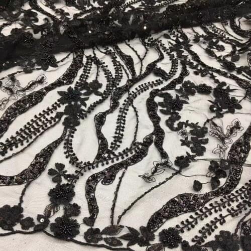 5yards/pc) High quality black tulle lace with tube beads and sequins embroidered African French net lace for party dress FSS412