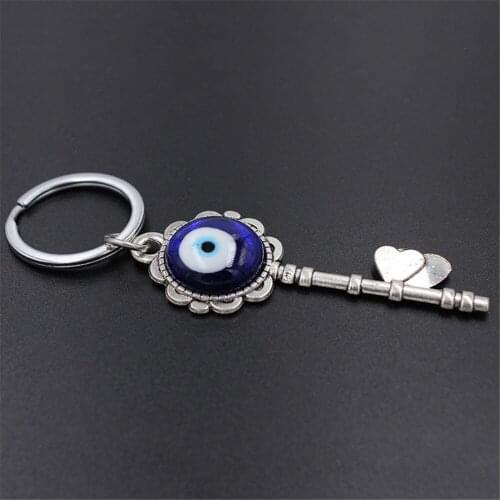 Alloy Glass Key Shape Key Chain Turkish Blue Eye Accessories Flowers Creative Personality Couple Key Ring Evil Eyes Jewelry