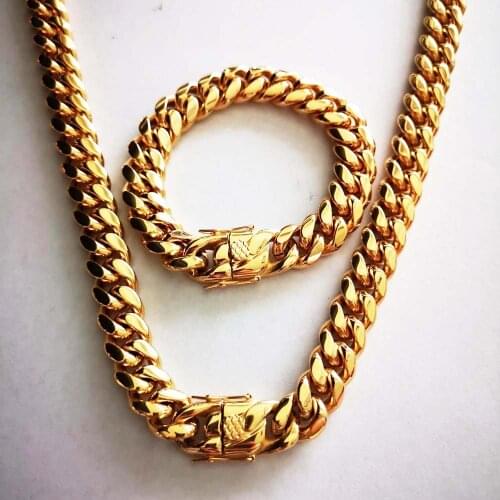 8/10/12/14/16/18mm Hip Hop Stainless Steel Gold Miami Cuban Chain Necklace Bracelet sets Mens Rapper Boy Punk Jewelry