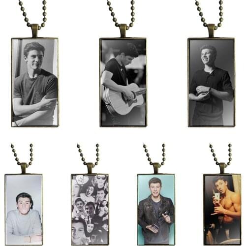 EJ Glaze Unique Shawn Mendes Necklace With Bronze Plated Glass Cabochon Choker Long Pendant Rectangle Necklace For Unisex