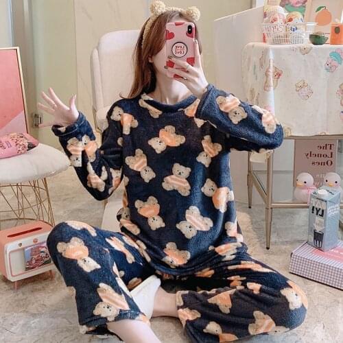 Flannel pajamas women winter han edition long-sleeved thickening and velvet coral fleece leisurewear suit in the fall and winter