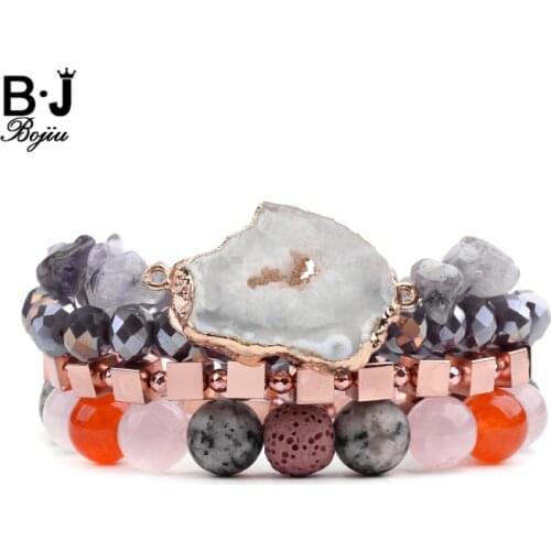 BOJIU Multilayer Boho Womens Charm Bracelets Sets Ladies Statement Jewelry Natural Stone Crystal Beads Bracelets Femme BCSET282