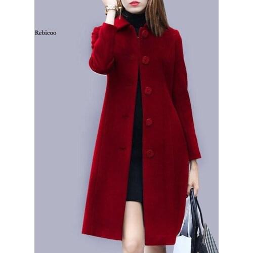 Fashion Ladies Wool Coat New Autumn Winter Mid-Length Single-Breasted Slim Blended Woolen Overcoat Red Blue Black Women Jacket