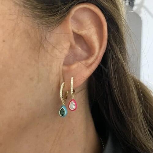 Neon Enamel Tear Drop Waterdrop Dangle Earring Gold Color Cz Circle Rainbow Colorful Fashion Girl Jewelry