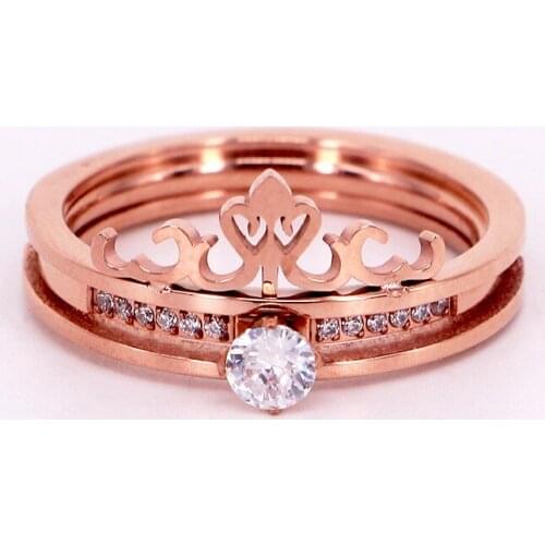 Stainless steel Two in One Crystal Zircon Wedding Crown Ring Lover Bridal Christmas Gift Women Jewelry Engagement Ring