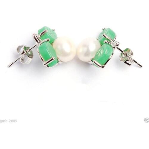 New Natural 8-8.5mm White freshwater Pearl Green Stone Silver Color Stud Earrings