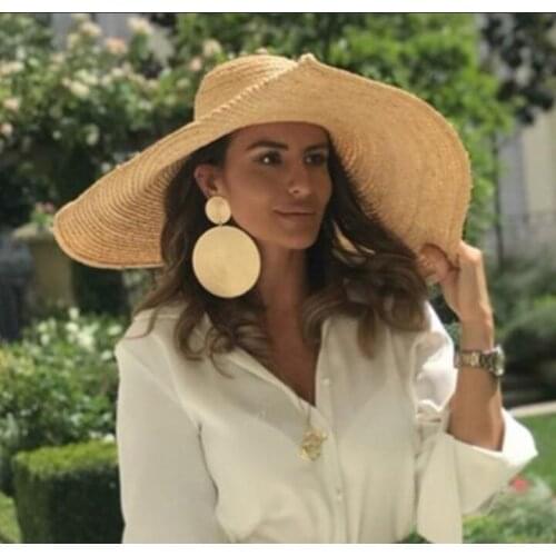 Spring and summer new flat-topped large brim Lafite straw hat concave shape tourism sunscreen along the Lafite flat-topped hat