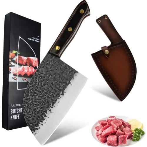 Sowoll 7" Kitchen Chef Knife Stainless Steel Hammered Sharp Blade Cleaver Cutter Butcher Knife Full Tang Slicer Vegetable Tool