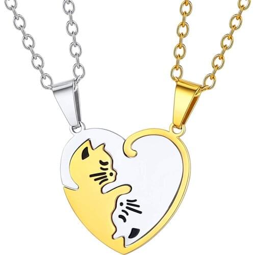 U7 Cute Cat Couple Necklaces Stainless Steel Yinyang Necklace Heart Puzzle Pendant Gift for 2 Best Friend/Sibling/Lover Gift