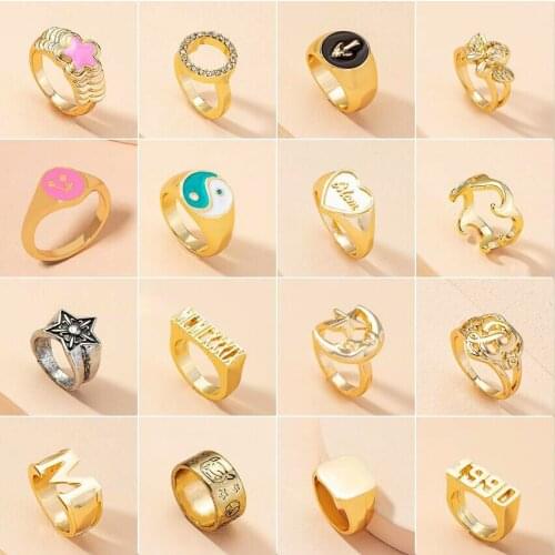 VIVILADY Vintage Hip Hop Alloy Star Heart Letter Angel Mushroom Tai Chi Moon Leopard Rings Unisex Jewelry Party Drop Shipping