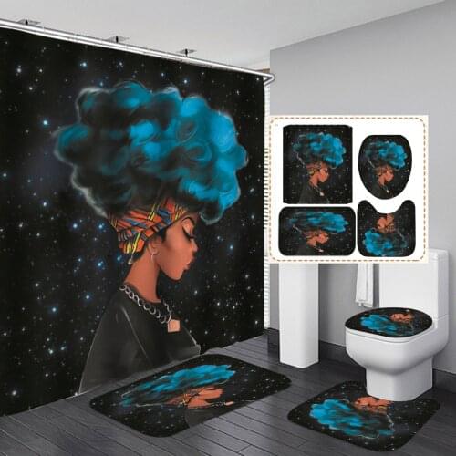 Blue Starry Sky African Girl Waterproof Shower Curtain Bathroom Curtains Non-slip Rug Carpet Toilet Seat Cover Set Home Decor