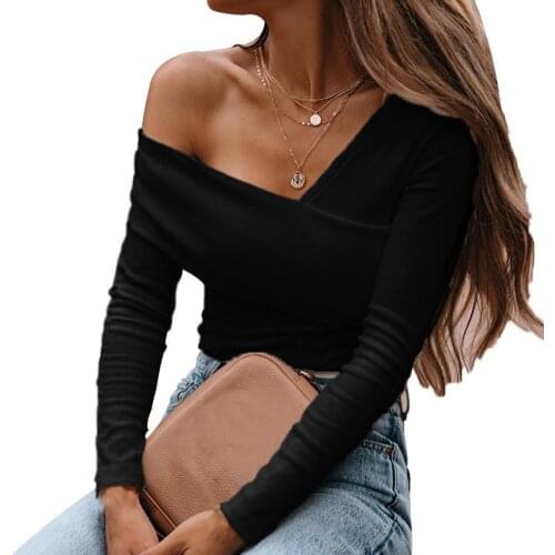 Women Sexy Harajuku Autumn Blouse Off Shoulder Solid Color Women Slim T-shirts Long Sleeve All Match Top Basic Tees Streetwear