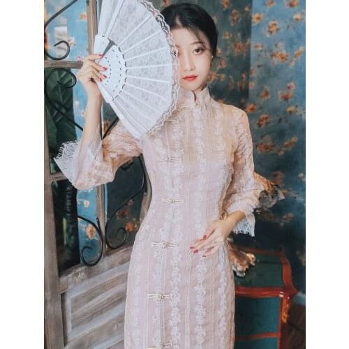 Ladies Pink Vintage Elegant Cheongsam Summer 2021 New Modern Fashion Girl Slim Qipao Improved Exquisite Embroidered Dress