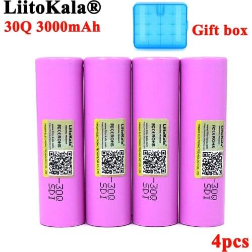 4pcs LiitoKala New 30Q 18650 3000mAh Rechargeable battery INR1865030q 3.6V discharge 20A Max 35A Power batteries with BOX