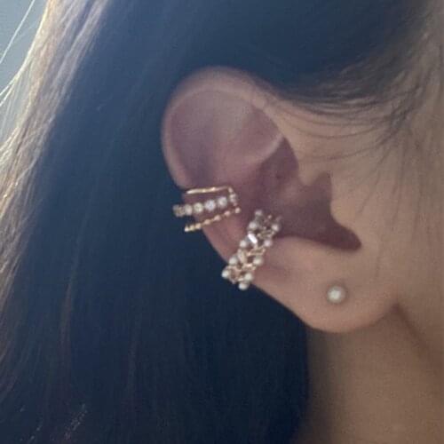 Korean Gold Silver Color Double Layer Pearl Crystal Fake Piercing Earcuff Non Pierced Ear Cuff Clip on Earrings for Women