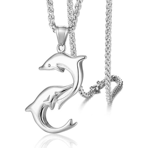 Stainless Steel Double Dolphin Lovers Pendant Necklace Jewelry Fashion Women Delicate Animal Dolphin Neckalces Gift For Him
