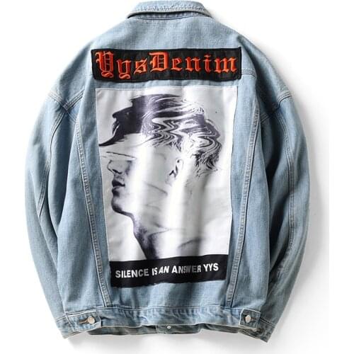 New Back Embroidery Letters High Street Stylish Mens Denim Jackets Hip Hop Seasons Casual Printed Character-Image Outerwear Coat