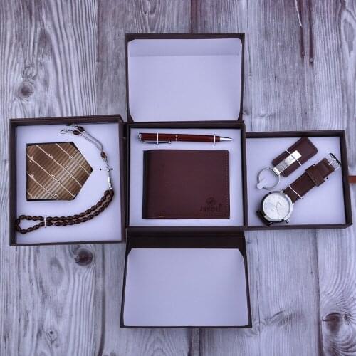 New 6pcs/set Creative Personality Mens Wrist Watches Tie Wallet Rosary Keychain Pen Valentines Day Present Clock Gift Box