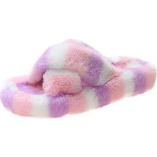 Winter Warm Fake Fur Slippers Women Plush Flat Shoes Ladies Cute Furry Non-Slip Home Sliders Outer Fur Slides 35-42