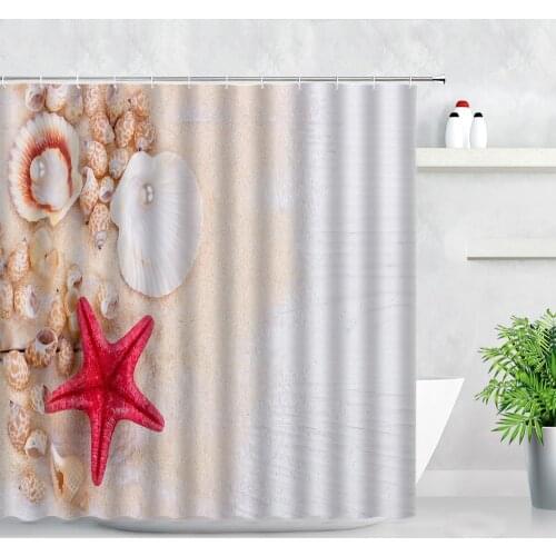 Beach Starfish Shell Shower Curtains Ocean scenery Animal Conch Pearl Retro Blue Wood Board Home Decor Bathroom Bath Curtain Set
