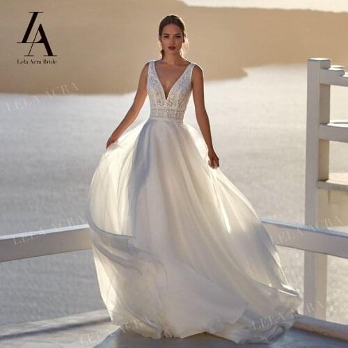 LelaAcra Sleeveless Wedding Dress 2022 V-neck Backless Beading A-Line Plus Size Beach Princess Bride Gowns NE12 Vestido de Noiva