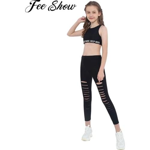 2PCS Kids Girls Yoga Gym Sportsuits Ballet Dancewear Sleeveless Crisscross Back Crop Top with Elastic Hollow Front Leggings
