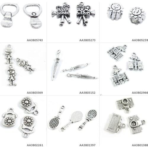 Antique Silver Plated Jewelry Charms Camera Racket Telephone Beach Chair Umbrella Girl Smiley Sun Beads Projector Pulling Ring