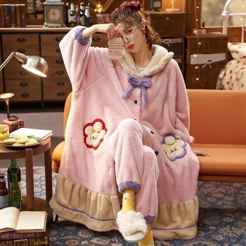 Women Sleepwear Winter Pyjamas Flannel Night Skirt Pajama Set Warm Pajamas Long Johns Cartoon Maxiskit X-large Loose Version