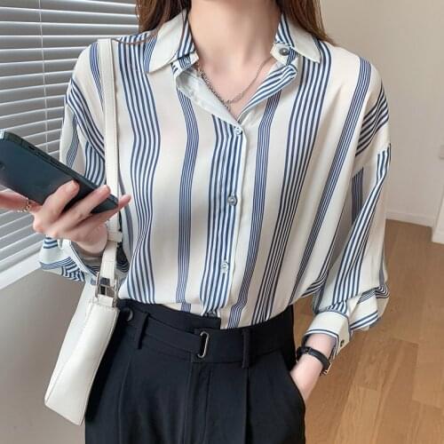 Autumn New Loose Striped Chiffon Women Shirt Long Sleeve Temperament Office Lady Button Up Shirt Korean Fashion Ladies Tops