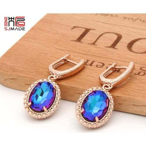 SJMADE Korean Vintage 585 Rose Gold Egg Shape Oval Crystal Dangle Earrings For Women Wedding Jewelry Girls Daily Accessories
