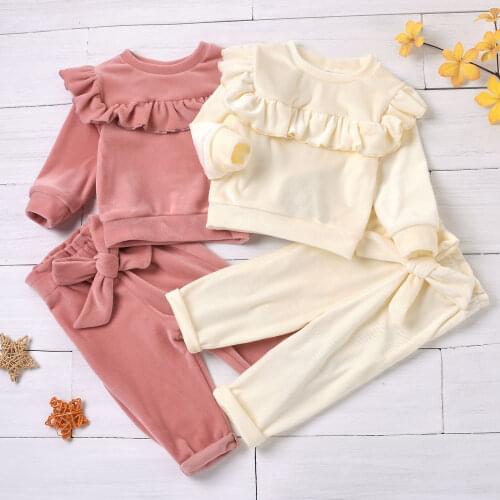 Ma&Baby 0-12M Autumn Winter Warm Toddler Baby Girls Clothes Set Smooth Velvet Outfits Sets Ruffle Trim Top Bow Pants DD40