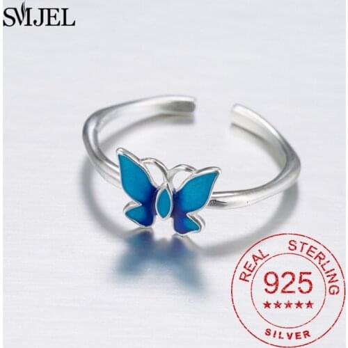 100% 925 S Sterling Silver Fashion Butterfly Cocktail Ring Girls Kids Blue Butterfly Prevent Allergy Sterling-silver-jewelry