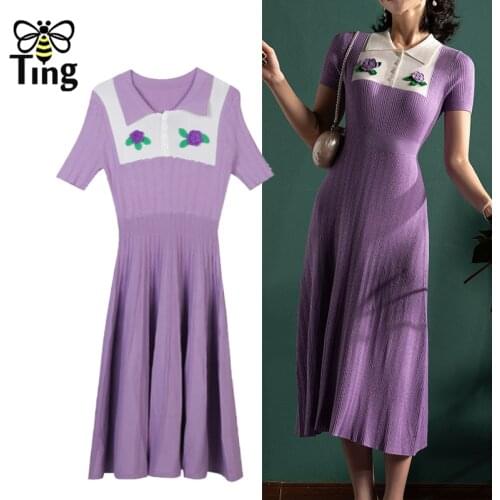Tingfly Vintage Elegant Purple Knitting Dress Women Flower Decor Hit Color Knitted Midi Dress Knitwear Chic Casual Streetwear