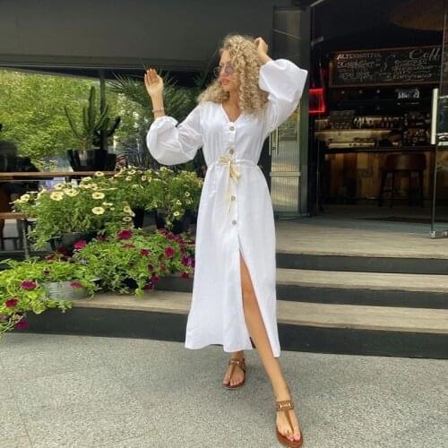 Women Vintage Front Button Sashes A-line Dress Lantern Sleeve Sexy V neck White Casual Party Dress 2021 Autumn New Fashion Dress