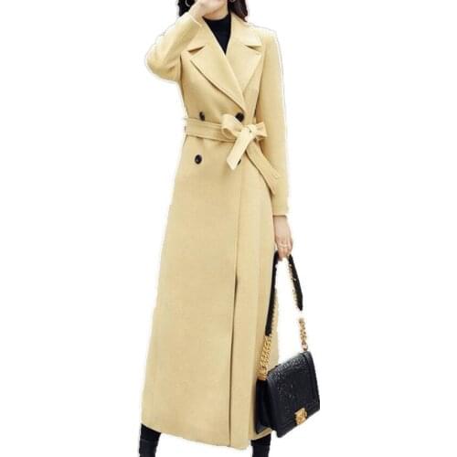 Winter new arrival x-long woolen overcoat women slim double breasted belted wool blends coat