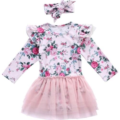2020 Summer Infant Baby Girls Clothes Floral Long Sleeve Lace Pageant Bodysuits +Headband 2Pcs Outfits Baby Clothing Set 0-24M
