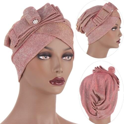 2021 New Womens Turban Caps Bow-tie Glitter Headscarf Bonnet Ready to Wear Inner Hijabs Muslim Wrap Head Hat African Headtie