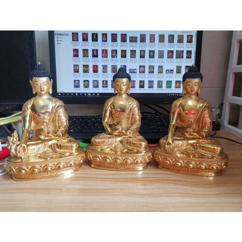 3PCS Tibetan Buddhism GOOD gold gilding Medicine Sakyamuni Amitabha Buddha statue brass statue HOME family effective protection