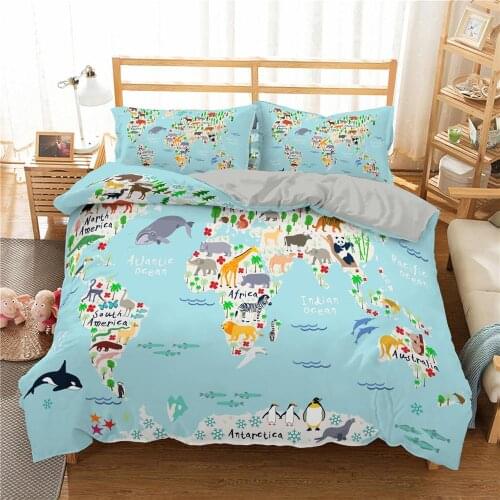 3d World Map Bedding Set Printed Cartoon King Queen Size Bed Linen Comforter Cover Set 3Pcs Bedclothes Bed Sheets Luxury