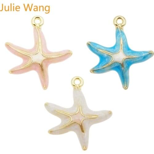 Julie Wang 6PCS Starfish Charms Enamel Pink Blue White Gold Tone Bracelet Necklace Alloy Pendant Jewelry Making Accessory