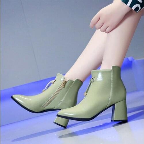 Brand zipper Boots Woman Thick High Heels 7 cm Patent leather Ankle Booties A63-32 JY