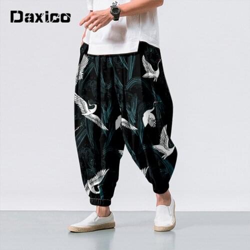 2021 Summer Japanese Loose Crane Mens Harlan Pants Pluse Size Kimono Traditional Trousers Harajuku Bloom Pants Haori