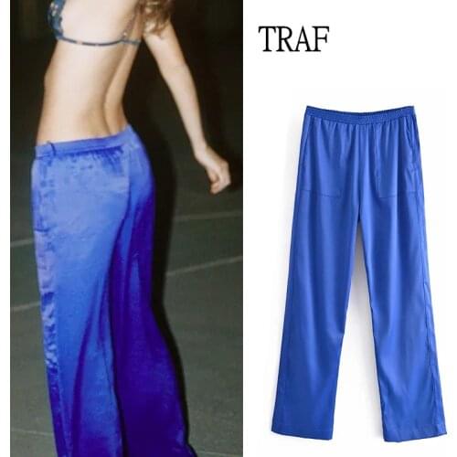 TRAF Za 2021 Woman Pants Blue Silk Satin Elastic High Waisted Trousers Suits Women Summer Chic Loose Pocket Woman Straight Pants