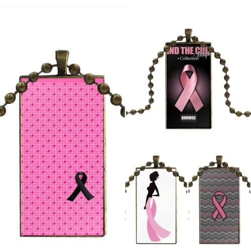 For Men Women Party Gift Girly Breast Cancer Pink Ribbon Glass Cabochon Pendant Necklace Rectangle Fashion Necklace