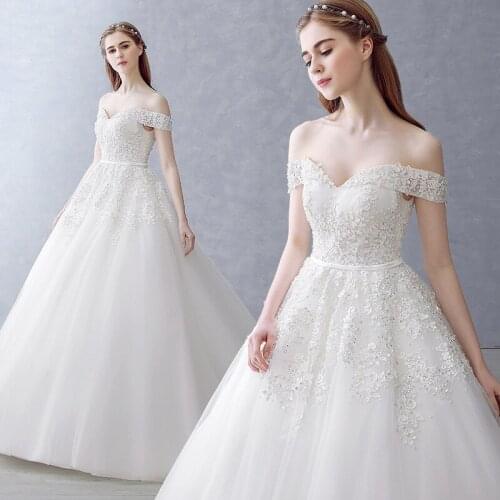 Elegant Off The Shouler Wedding Dress 2021 New Sexy Lace Boat Neck Ball Gown With Court Train Lace Up Robe De Mariee Plus Size