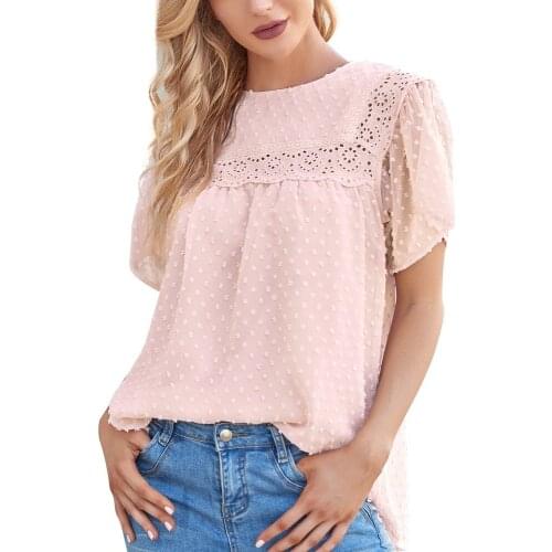 Elegant Dot Embroidery Women Blouse Summer Casual O-Neck Short Sleevel Lace Hollow Out Chiffon Blouses Female OL Shirt Tops