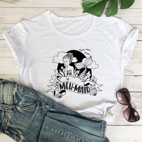 Meh-maid 100% Cotton T-shirt Funny Summer Beach Life Graphic Tee Shirt Top Aesthetic Women Short Sleeve Vacation Party Tshirt