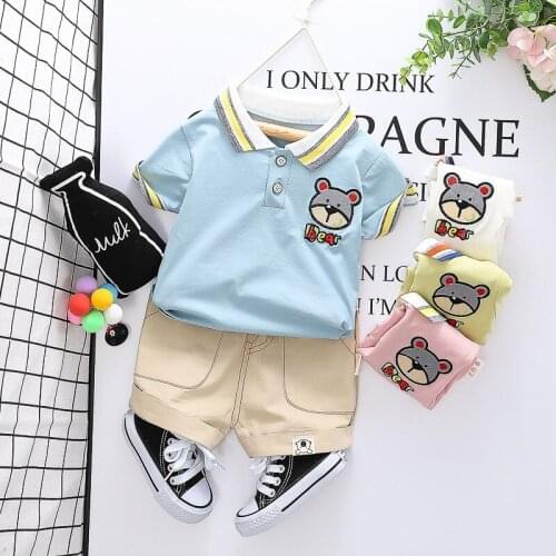100% Cotton Hot Sale Kids Clothing Sets Solid Childrens Clothing Little Bear Print Baby Boys Clothes Square Collar Boys Clothes