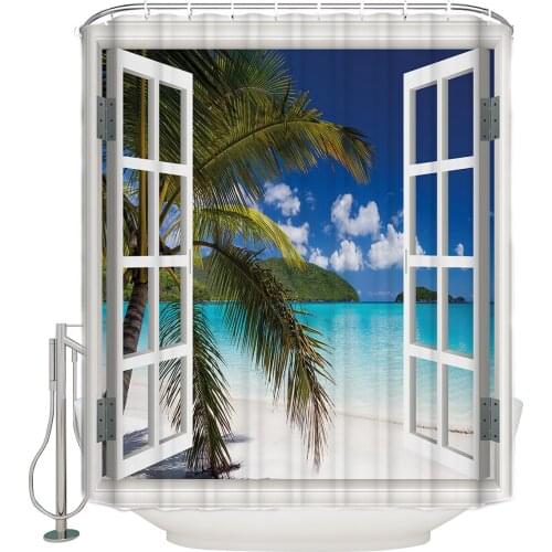 Summer Beach Window Seascape Extra Long Fabric Bath Shower Curtains Mildew-resistant Bathroom Decor Sets with Hooks