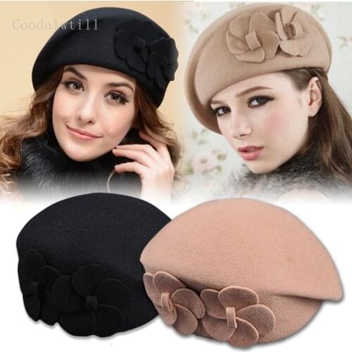 Fashion Women Flowers fedora caps Berets Female Bonnet Caps Winter womens hats High quality wool Beret Lady Painter Hats Lady